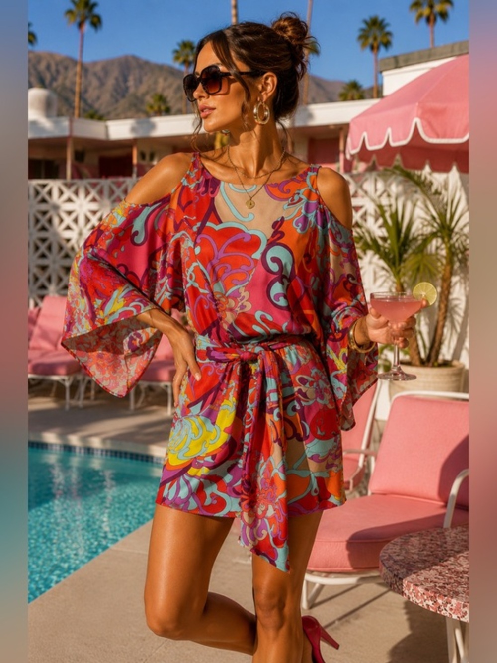 Trina Turk Psychedelic Cold Shoulder Tie Waist Dress S Mod Resort